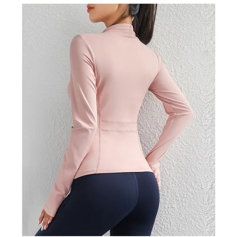 Quick Dry Stand Up Collar Fitness Jacket For Women Slim-Fit Zipper Yoga Wear Long Sleeve Breathable Running Sports Cycling Top