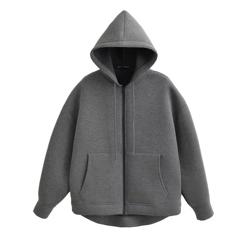 HH 2025 Casual Women's Soild Zipper Hoodie Long Sleeve Big Pocket Zipper Jacket With Hood Female Loose Outerwear Coat Tops