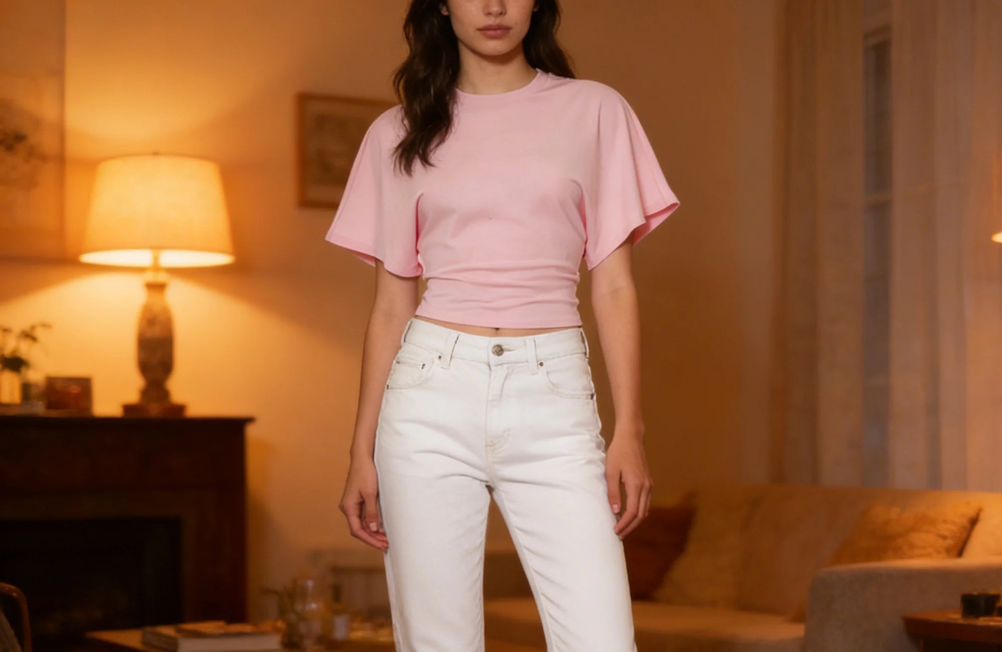 Women's New Arrival Solid Colour Pure Cotton Crew Neck Pullover Short-Sleeved Loose-Fit Waist-Defining Cropped Top with Exposed