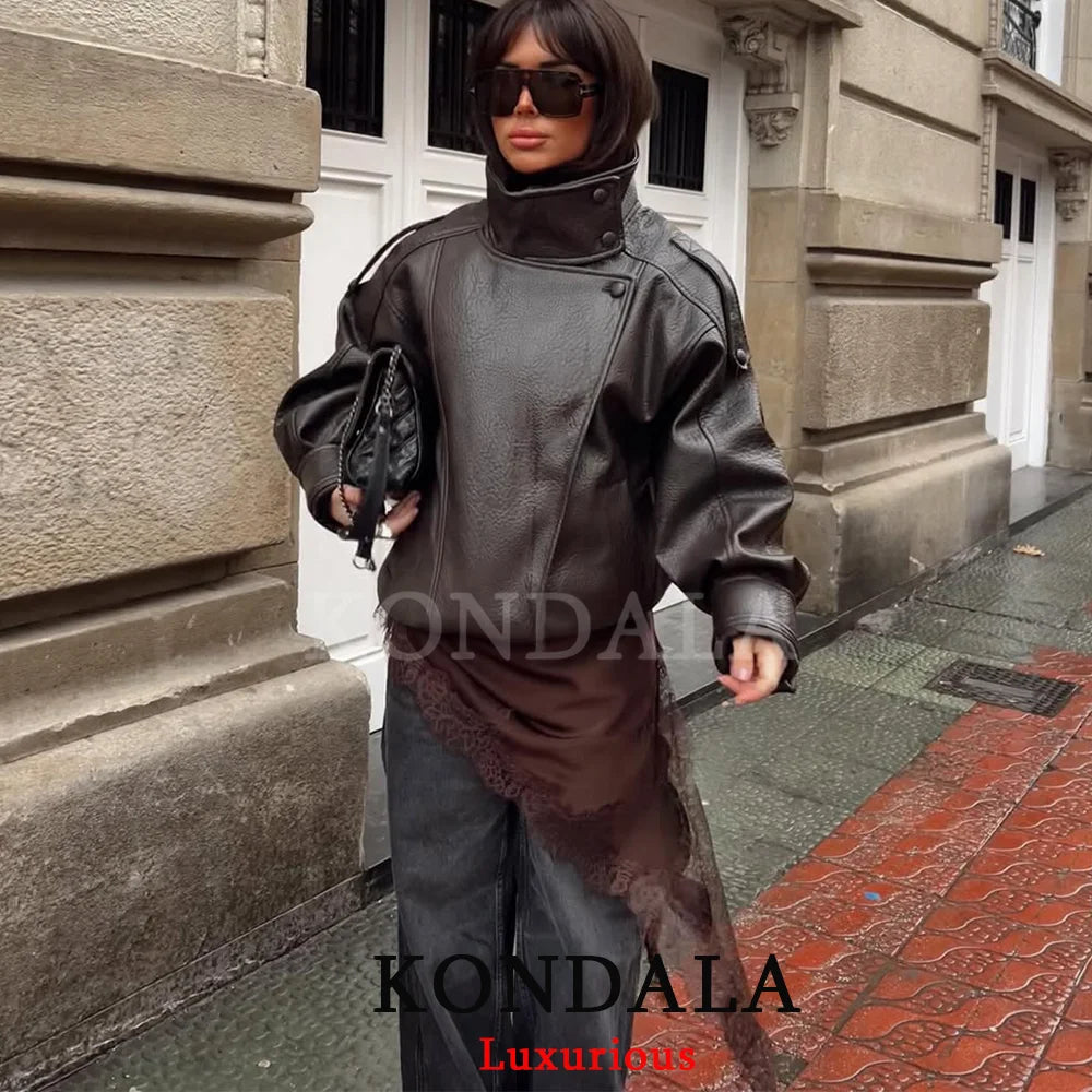 KONDALA Casual Chic Black Leather Jackets Women Long Sleeve Buttons Elastic Oversized Coats Fashion 2026 Spring Streetwear Coats