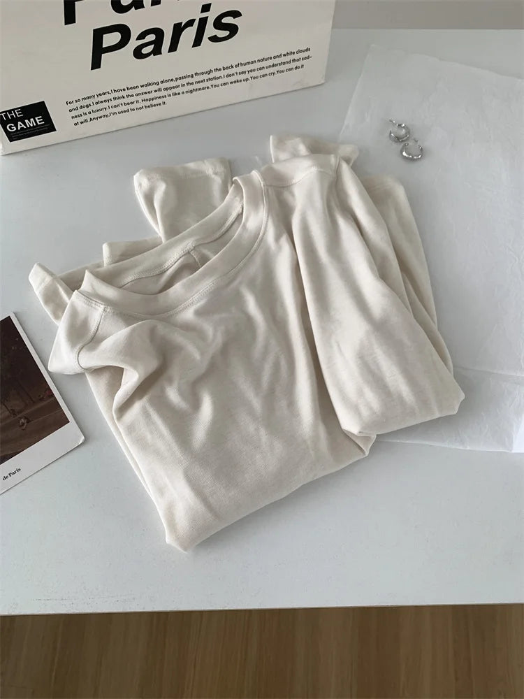 Silk Wool Splice Long Sleeve T-shirt Women Spring Summer Thin Soft Waxy Fit Solid Color Backing Top