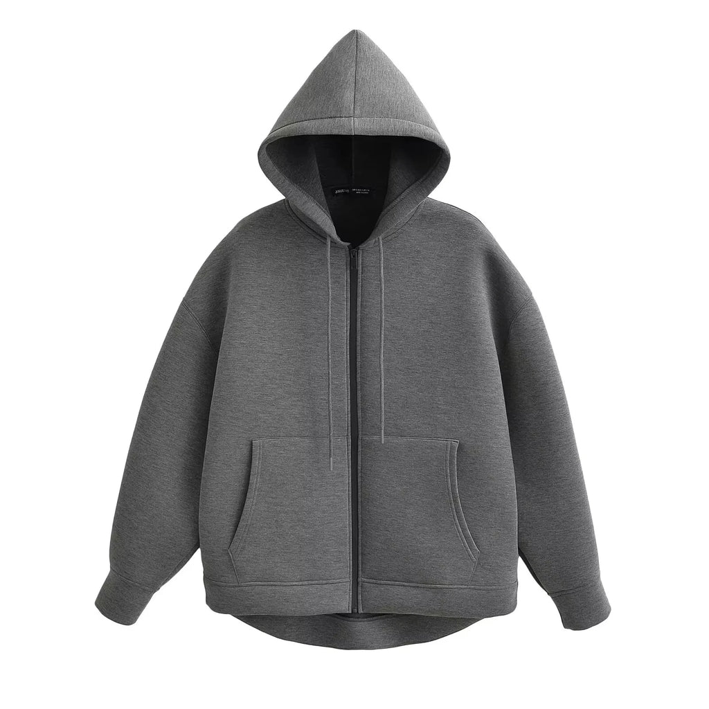 HH Autumn Women Casual Hooded Jacket Loose Oversize Zipper Hoodie Sweatshirts Solid Coat Office Lady Chic Outwear Tops
