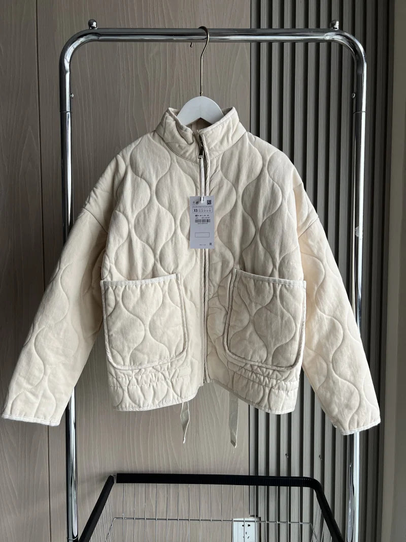 ZW Women's Cotton Jacket  2026 New Arrival Vintage Lenzing Rayon High Collar Large Pocket Decorative Quilted Coat for Women