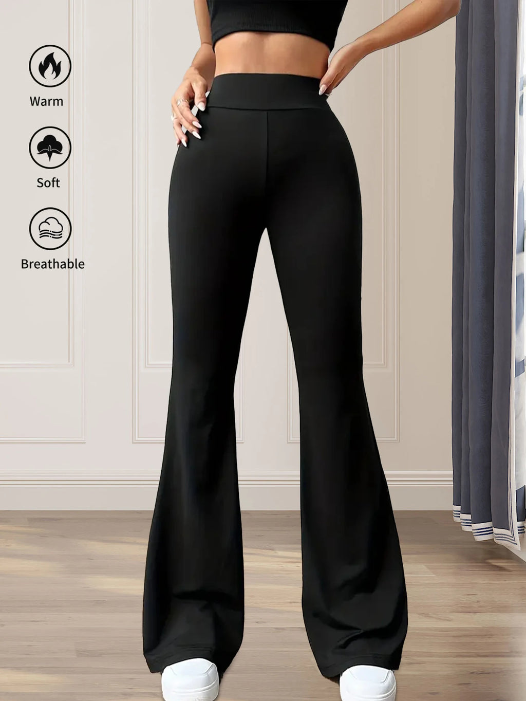 Women's spring and summer high waisted tight fitting flared pants, slim leg long black pants, thin wide leg pants for slim women