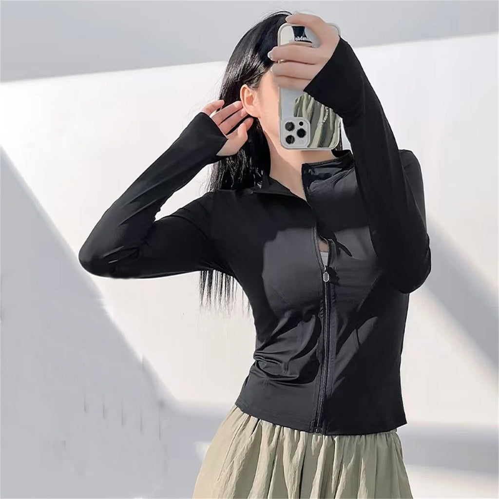 Fashion Zipper Sports Jacket Women's Long Sleeve Running Fitness Tight Top Solid Yoga Quick Drying Coat Casual Simple Clothing