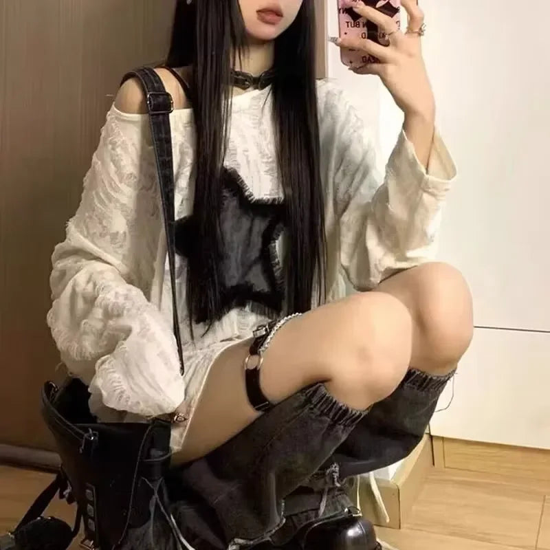 Clearance_Harajuku Tshirts Fashion Tops Star Hollow Out Long Sleeve T Shirt Korean Kawaii Ropa Mujer Casual Y2k T-shirt Clothes