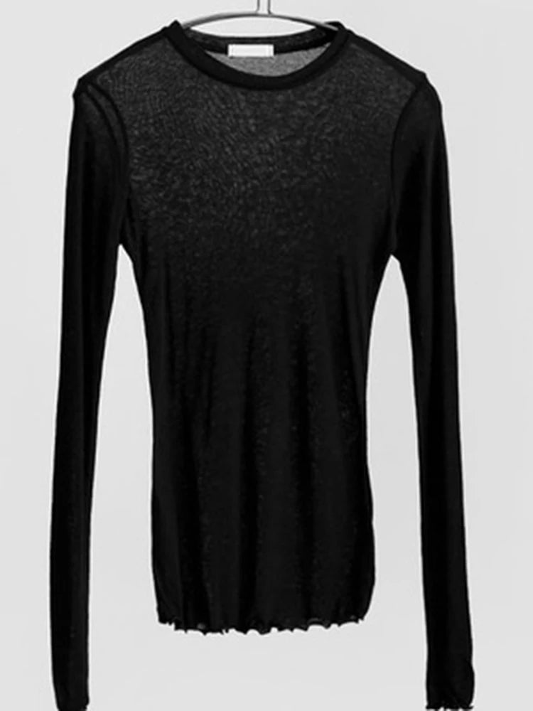 Sexy Thin See Through T Shirt Women Plain Elastic Basic Long Sleeve Casual Tops Female Slim Fit Daily Party Nightwear