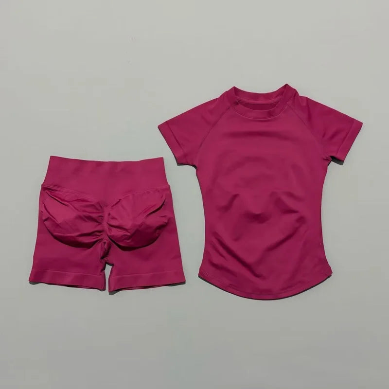 2 Pcs HISTELLO Impact Gym Sets Short Sleeve Seamless Yoga Clothing Fitness Set Women Workout Running Sports Short Leggings Suit