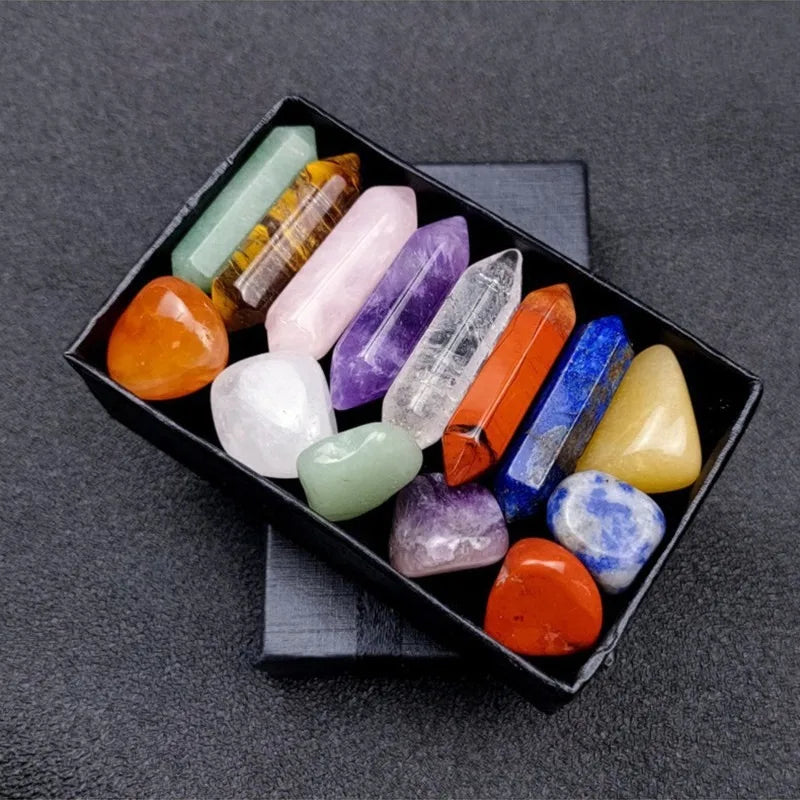 14pcs/box Natural Stone 7 Chakra Points Crystal Pillar Set Colorful DIY Necklace Jewelry Display Ornament Gifts Yoga Energy