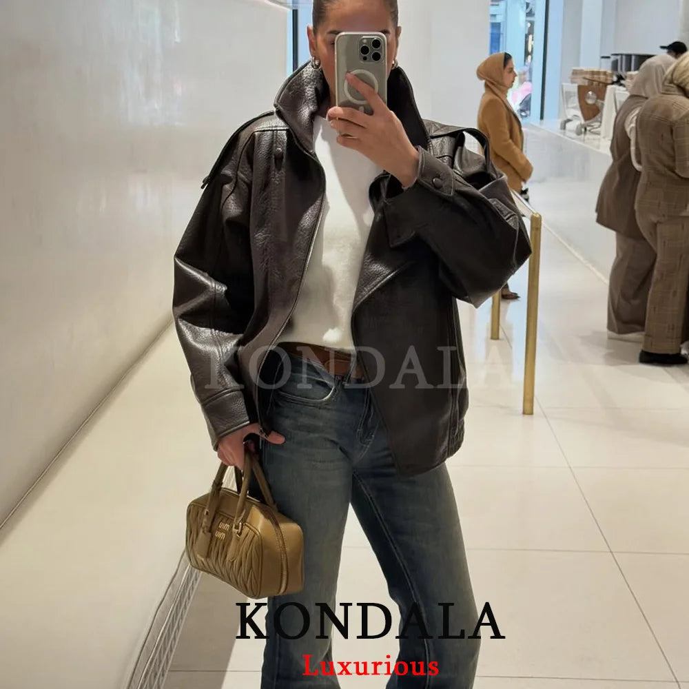 KONDALA Casual Chic Black Leather Jackets Women Long Sleeve Buttons Elastic Oversized Coats Fashion 2026 Spring Streetwear Coats