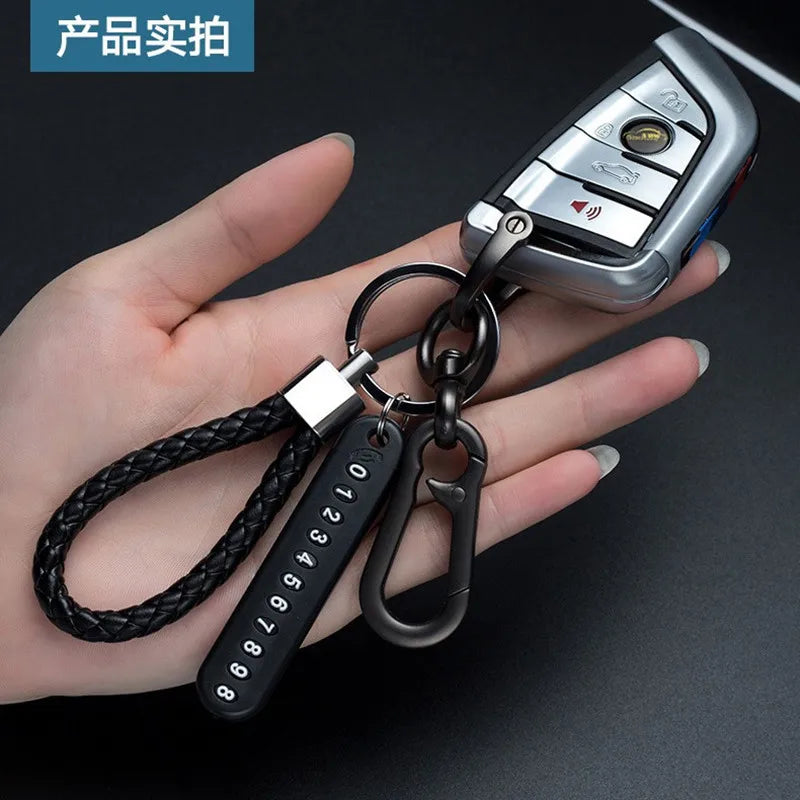 Trendy DIY Mobile Phone Number Plate Pendant Keychain for Men Punk Simple Woven Leather Rope Anti-lost Car Key Chain Accessories