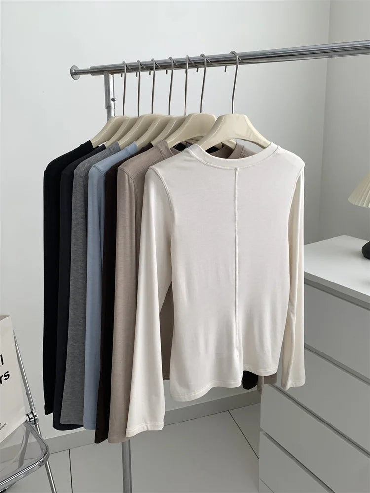 Silk Wool Splice Long Sleeve T-shirt Women Spring Summer Thin Soft Waxy Fit Solid Color Backing Top