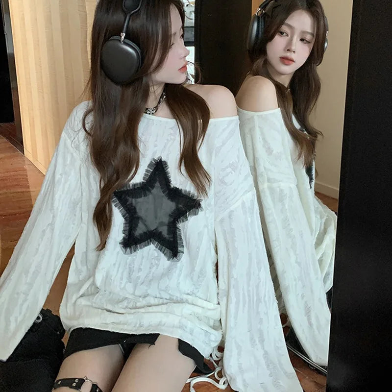 Clearance_Harajuku Tshirts Fashion Tops Star Hollow Out Long Sleeve T Shirt Korean Kawaii Ropa Mujer Casual Y2k T-shirt Clothes