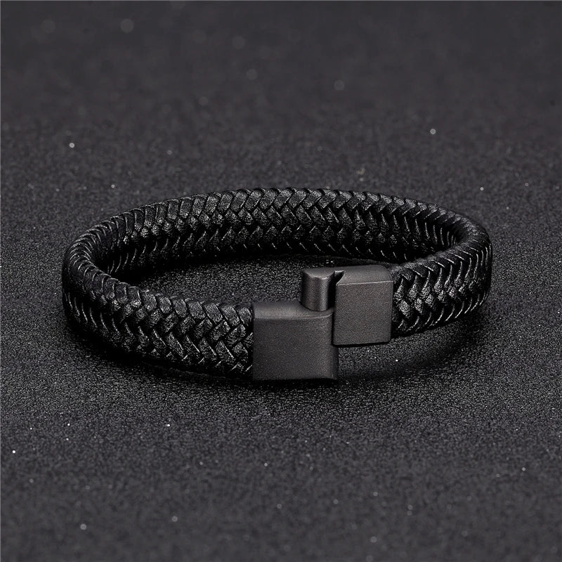 Classic Men Jewelry Genuine Leather Bracelets Titanium Black Rope Steel Magnetic Clasp Bracelets Wristband for Male Jewelry Gift