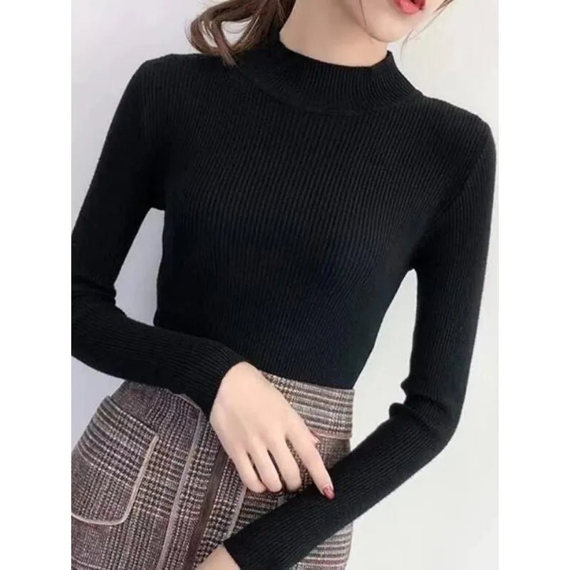 Autumn Winter Mock Neck Women Sweater Vintage Basic Solid Knitted Tops Casual Slim Pullover Korean Sweaters Simple Chic Jumpers