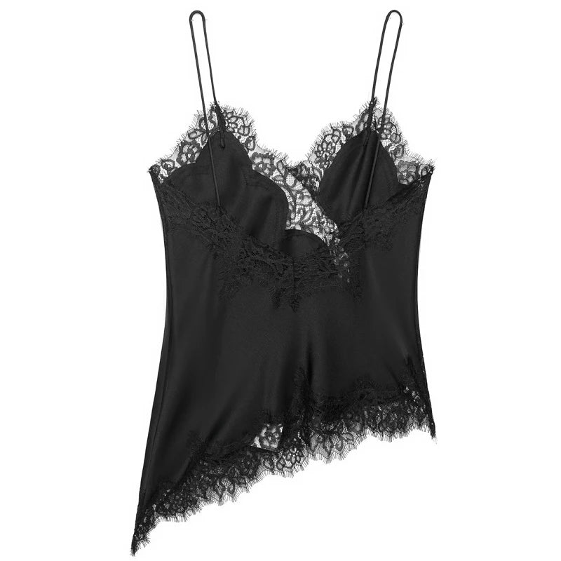 HXAO Asymmetrical Slip Top Women Summer 2025 Y2K Tanks & Camis Lace Black Off Shoulder Top Elegant Sleeveless Backless Camisole