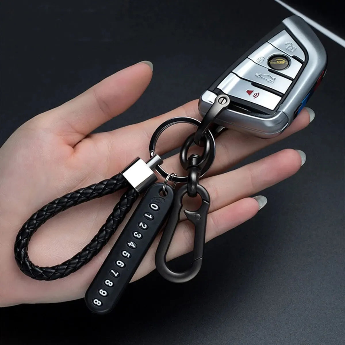 Ingemark Trendy DIY Mobile Phone Number Plate Pendant Keychain Men Punk Woven Leather Rope Anti-lost Car Key Chain Accessories