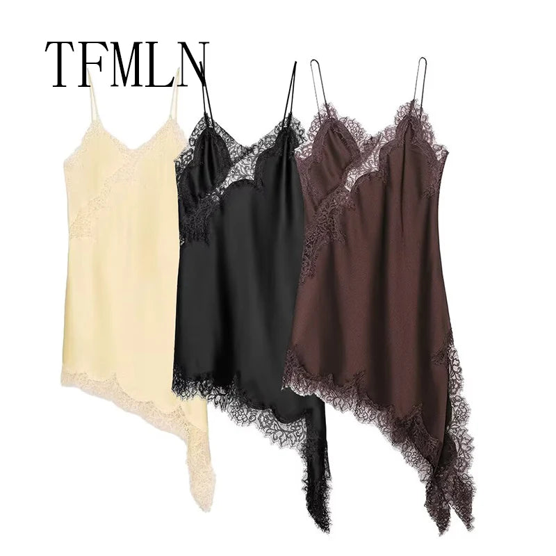 Women Sexy Irregular Lace Dress Fashion V Neck Hem Suspender Long Dresses 2025 New Fashion Party Vestidos