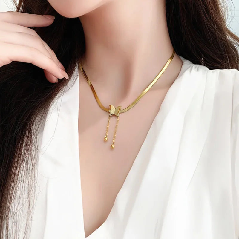 Stainless Steel Frosted Butterfly Necklace For Women Gold Silver Color Snake Chain Choker Necklace Female Fashion Party Jewelry