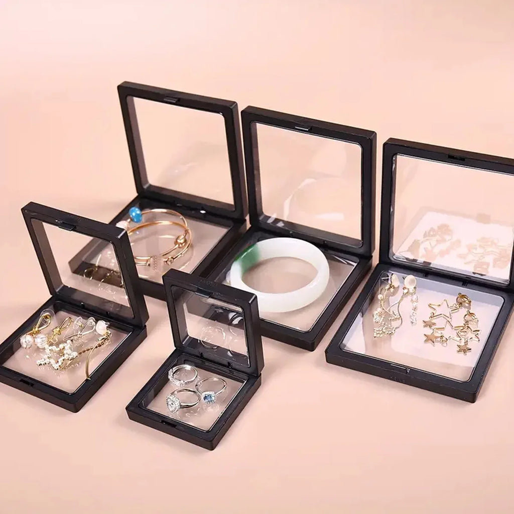 Transparent floating display box, plastic film jewelry packaging box, jewelry, necklace, ring, and collectible storage box