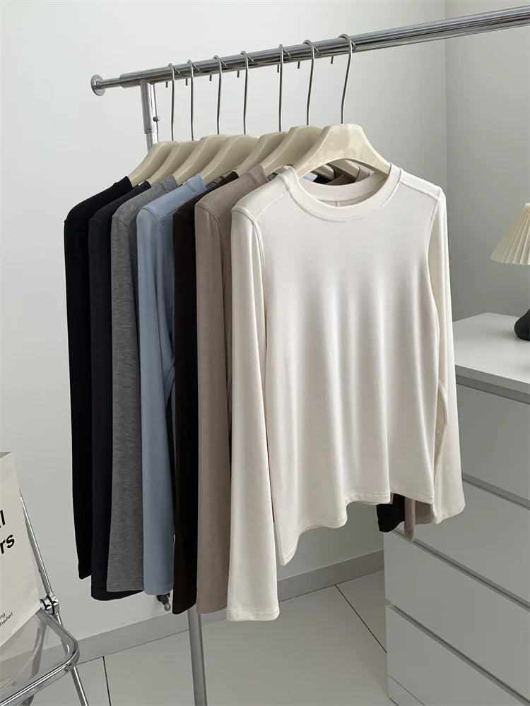 Silk Wool Splice Long Sleeve T-shirt Women Spring Summer Thin Soft Waxy Fit Solid Color Backing Top