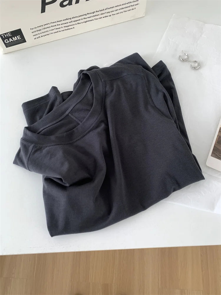 Silk Wool Splice Long Sleeve T-shirt Women Spring Summer Thin Soft Waxy Fit Solid Color Backing Top