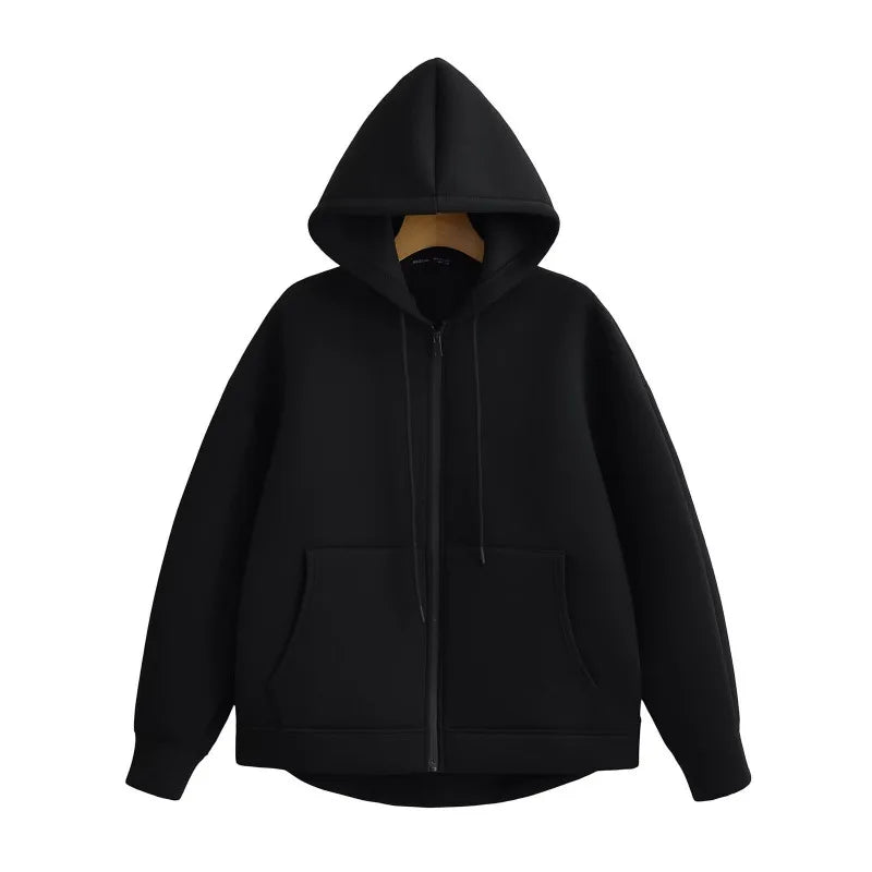 HH 2025 Casual Women's Soild Zipper Hoodie Long Sleeve Big Pocket Zipper Jacket With Hood Female Loose Outerwear Coat Tops