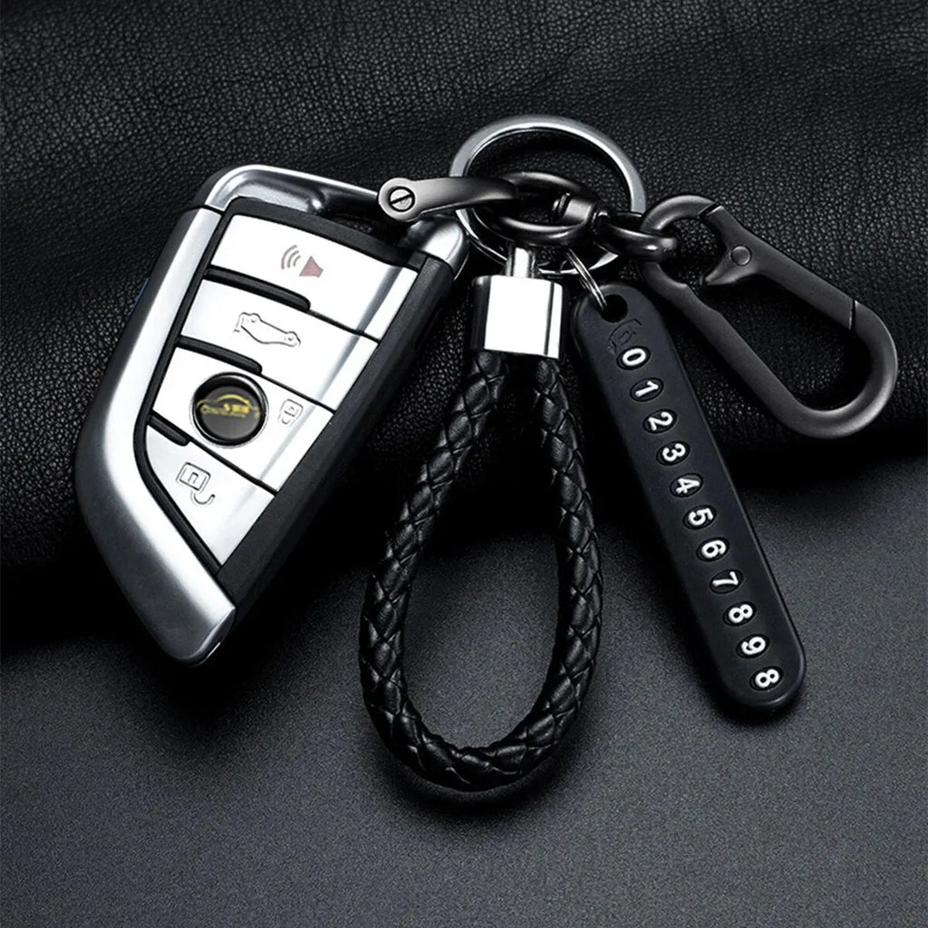 Ingemark Trendy DIY Mobile Phone Number Plate Pendant Keychain Men Punk Woven Leather Rope Anti-lost Car Key Chain Accessories
