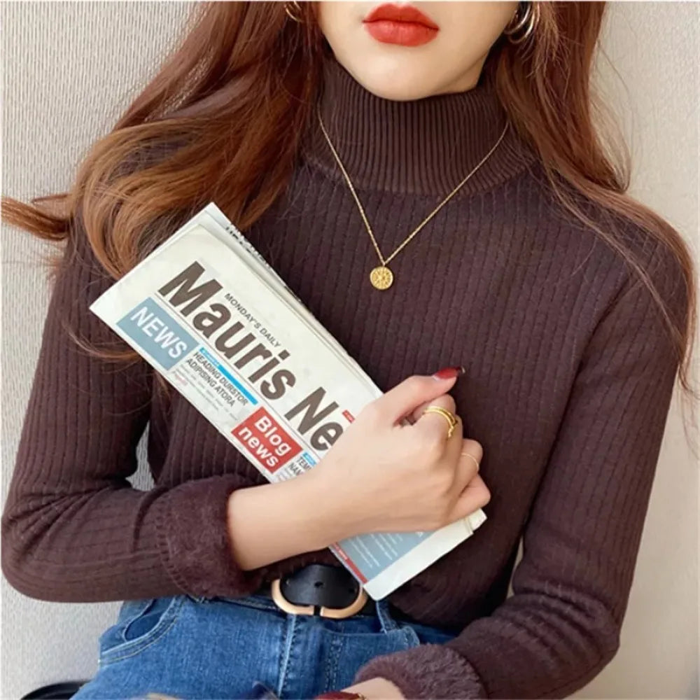 Women's Turtleneck Sweater Winter 2025 Retro with Velvet Lining Thickened Inner Wear Thermal Knitting Bottoming Shirt Pullovers