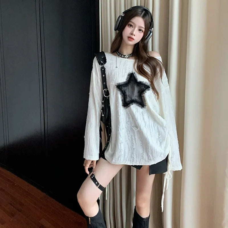 Clearance_Harajuku Tshirts Fashion Tops Star Hollow Out Long Sleeve T Shirt Korean Kawaii Ropa Mujer Casual Y2k T-shirt Clothes